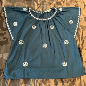 Madewell Embroidered Flutter-Sleeve Cotton Top Teal Blue Hematite Women's Small